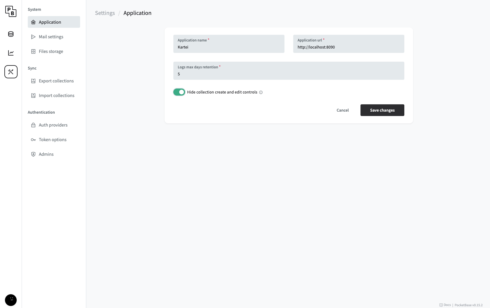 Pocketbase settings application area