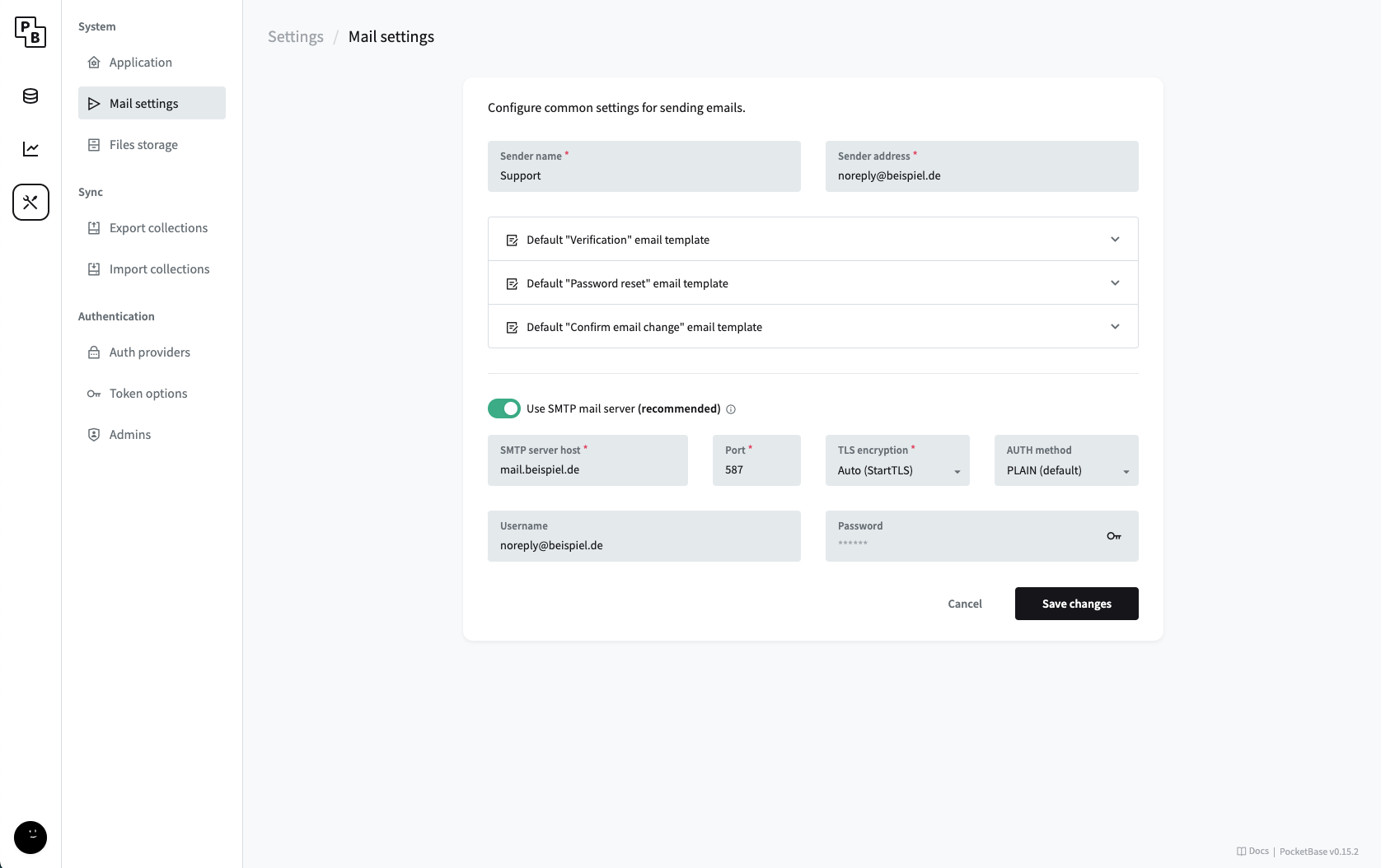 Pocketbase mail settings