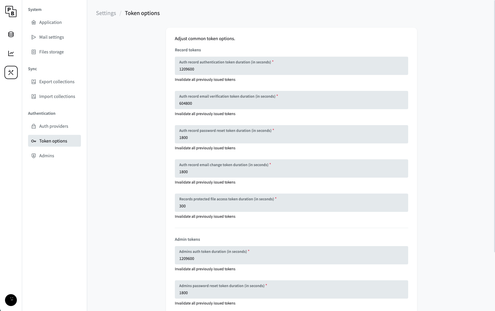 Pocketbase Token Settings